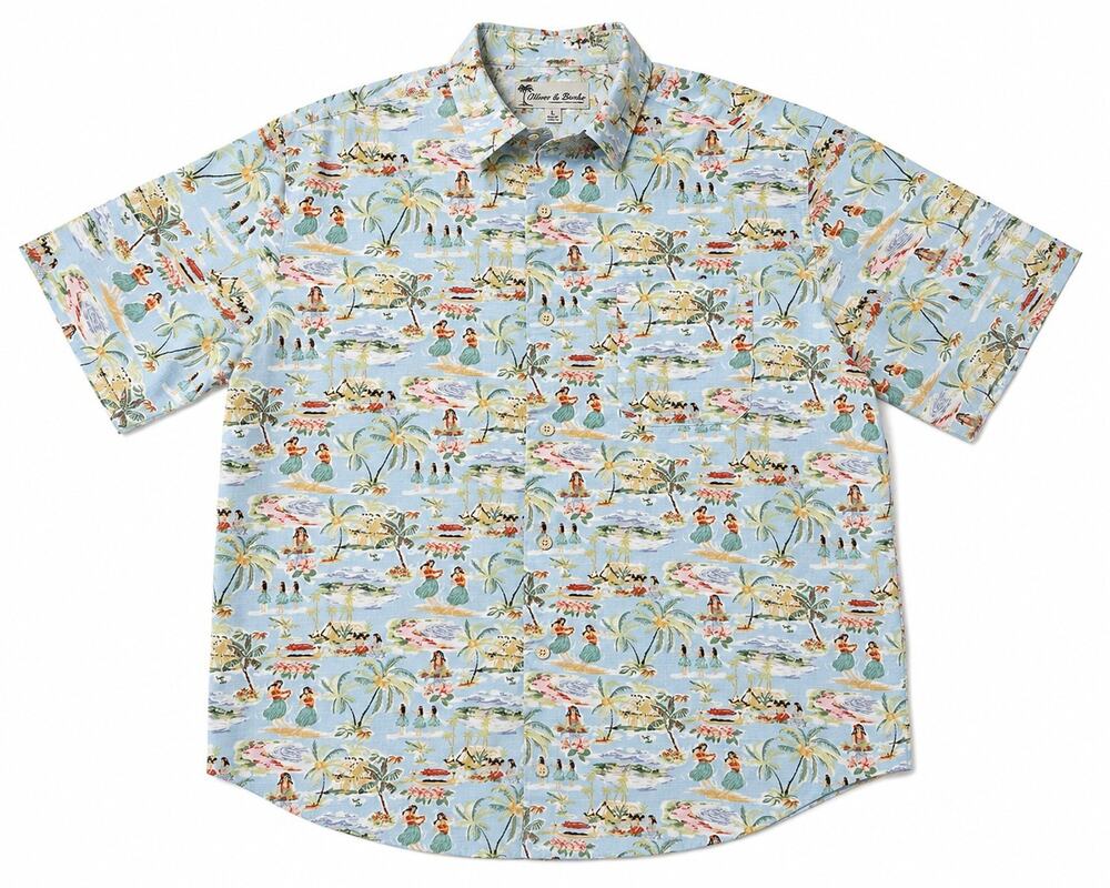 Oliver & Burke Hawaiian Camp Shirt Mens Large Blue Hula Dancer Tropical Aloha